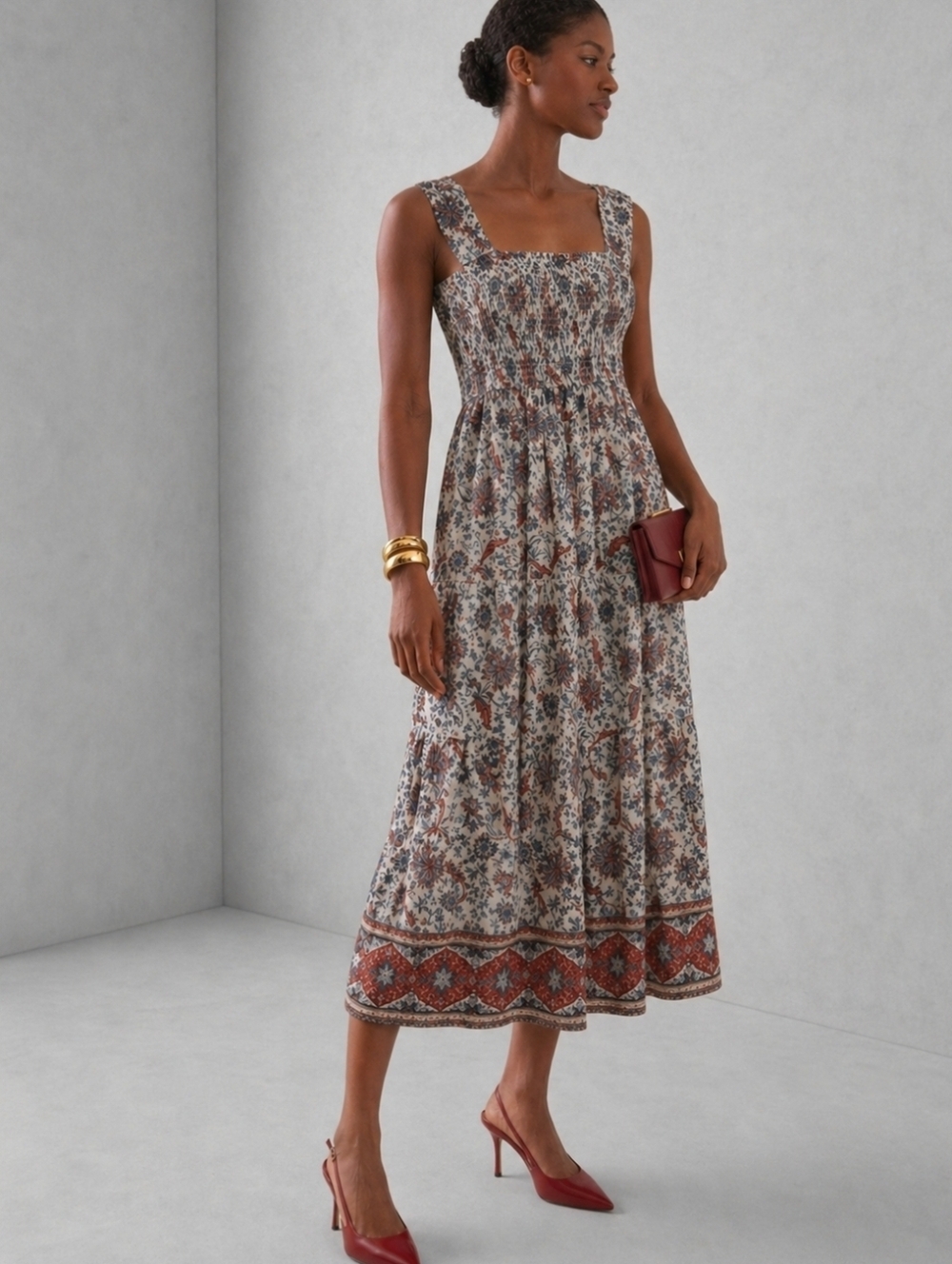 B.O.G Collective Smocked Maxi Sundress in White, Brown and Blue Size XS NEW